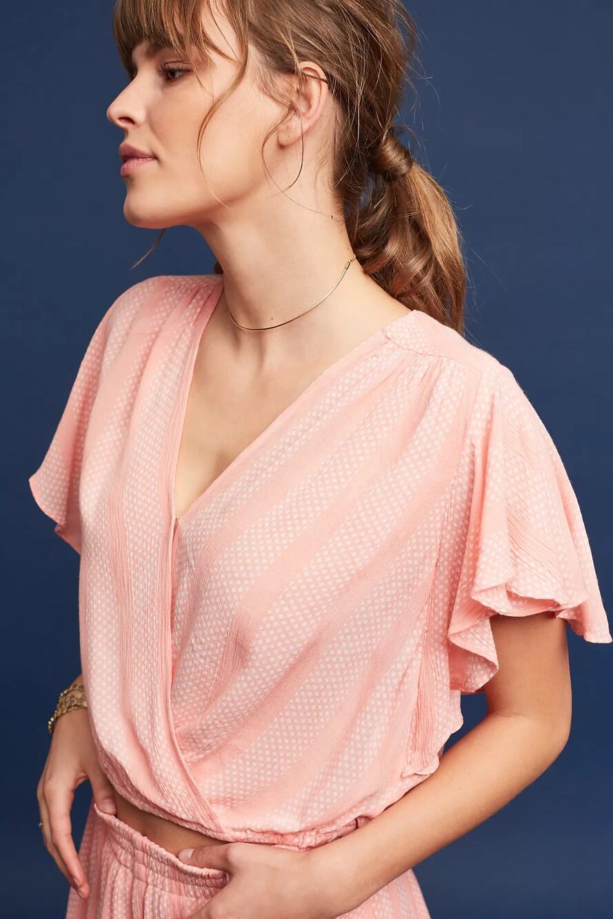 Anthropologie Maeve Nell Pink Dot Surplice Flutter Crop Blouse Size Medium